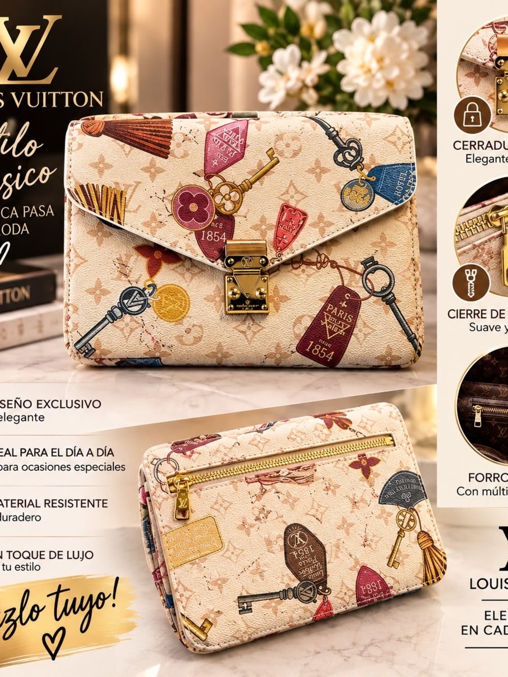 Louis Vuitton Beige Monogram Key Motif Clutch with Multicolor Accents